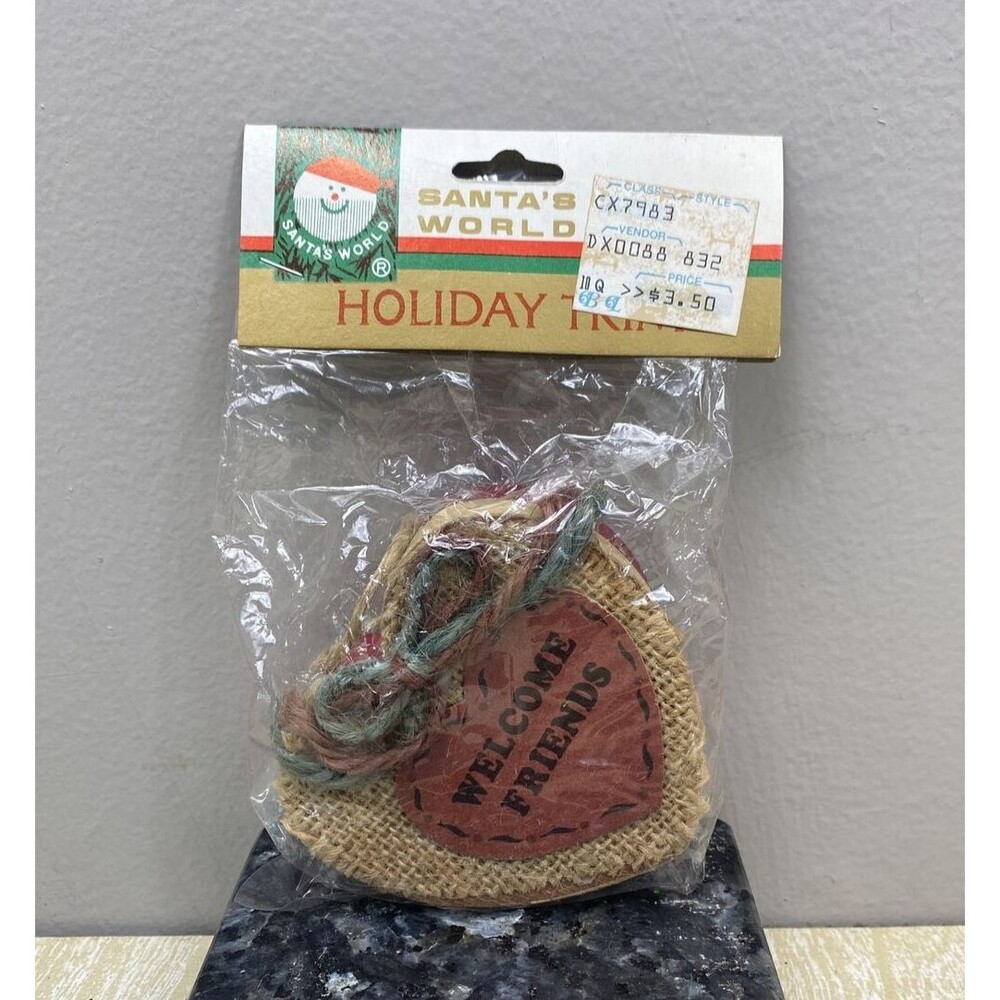 NOS Vintage Kurt Adler Santa's World Holiday Trim Wood Heart Christmas Ornament